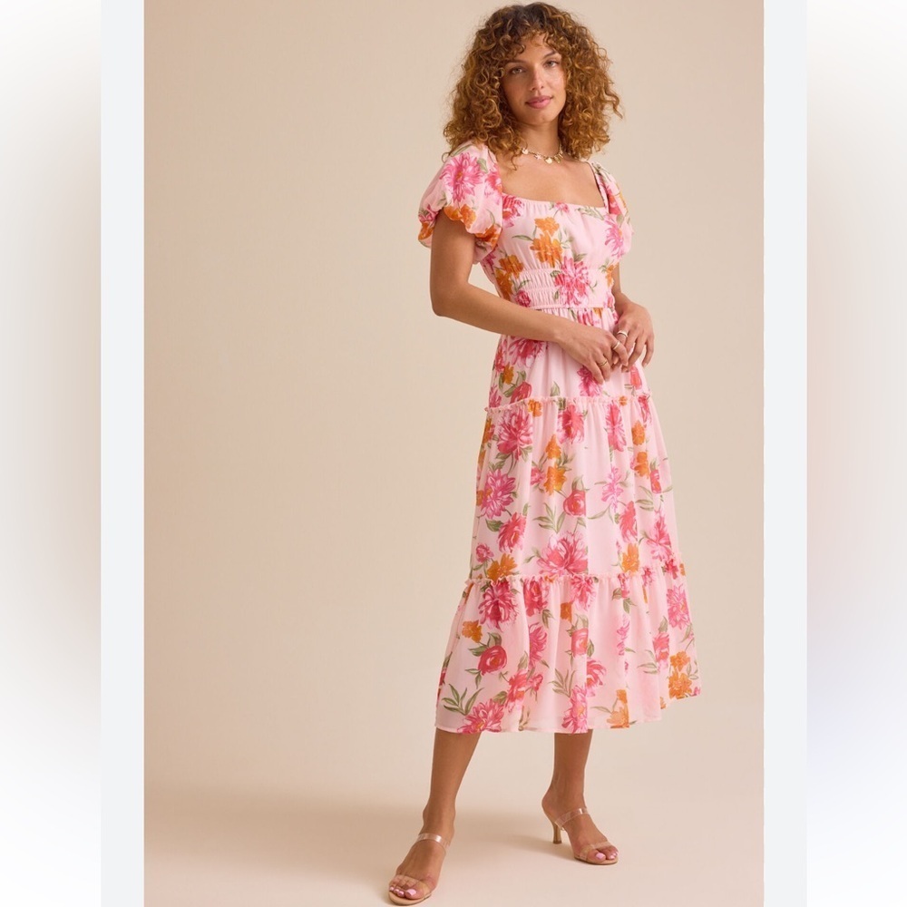 Anthropologie Altar’d State Sam Tiered Floral Maxi Dress in Pink Multi Sz M